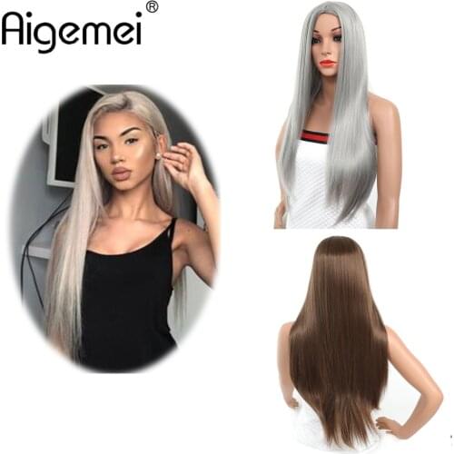 Aigemei Long Straight Synthetic Wig High Temperature Fiber Hair For Women Rose Net Cap with Artificial Scalp Black Wine Color