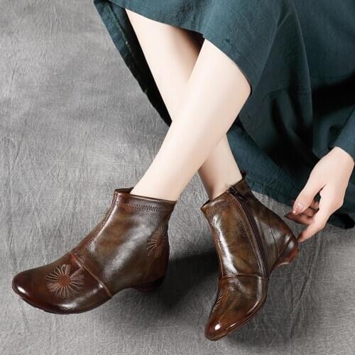 YourSeason Vintage Ladies 2021 Genuine Leather Embroider Zip Boots Handmade Concise Women Casual Ankle Platform Shoes Round Toe
