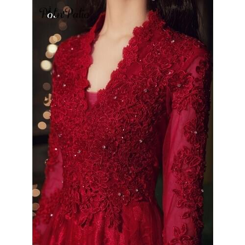 Luxury Handmade Appliques Wine Red Evening Dresses Long 2020 Elegant V-neck A-line Floor-length Lace Long Sleeve Formal Dresses