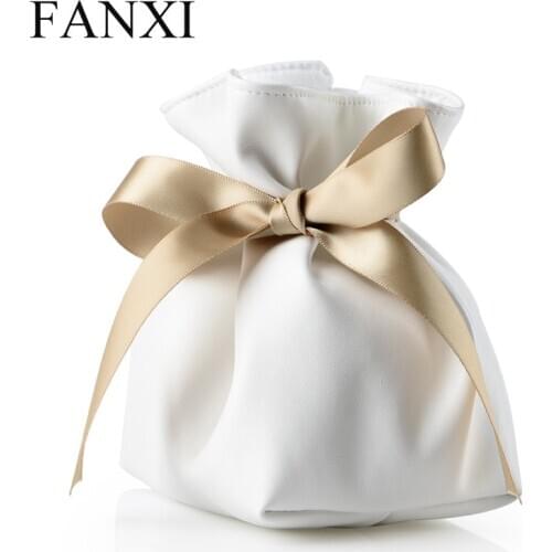 FANXI White PU Leather Jewelry Bag Gift Pouch with Pillow for Bracelet/Hand Chain /Watch Display with Great Bowknot