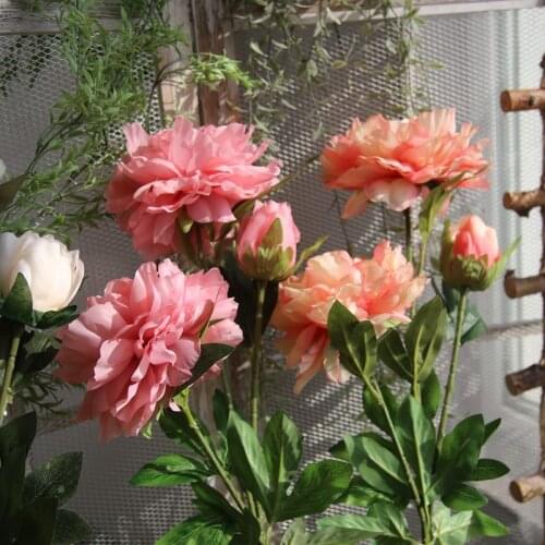3Heads Artificial Big Peony Branch Fake Silk Flowers Green Plants Wedding Bouquet Background Home Garden Party Vase Decoration