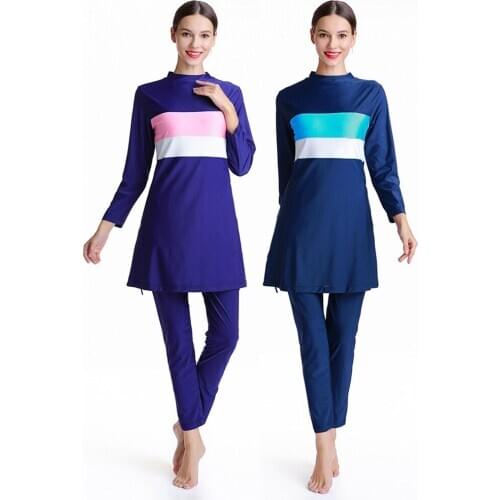 Women Long Sleeve Beachwear for Muslim Contrast Color Hooded Arab Hijab Islamic Swim Surf Wear Burkinis Suit Swimsuit Slim