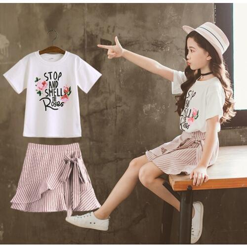 Girls Summer Floral Printed Short Sleeve Top Set 2020 New Childrens O-neck Strapless Cotton Tops + Skirt 2 Pcs Suit Clothes