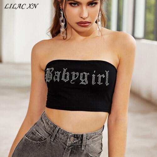 Lilac XN Rhinestone Babygirl Letter Womens Tube Top Crystal Decoration Bralette Sports Crop Top for Girls Sexy Corset Tops 2021
