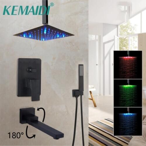 KEMAIDI Matte Black Ceiling Mount LED Shower Faucet Rainfall Bathtub Rain Square Shower Head Kits Swivel Spout Shower Faucet Set