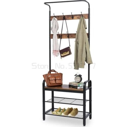 Multifunction 3-Tier Coat Rack Floor Standing Wardrobe Clothes Hanging Storage Shelf Clothing Drying Rack with Shoe Bench 7 Hook