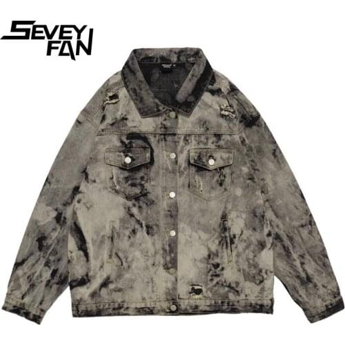 ABOORUN Mens Retro Tie Dye Ripped Hole Denim Jacket Hi Street Oversize Jean Coat Streetwear for Male