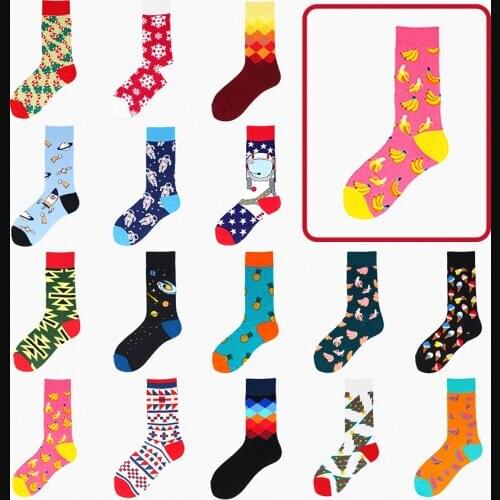 1 pair Combed Cotton Fashion Funny Hip Hop Man woman Socks Harajuku fruit Skateboard oil painting Geometric lattice Happy Socks