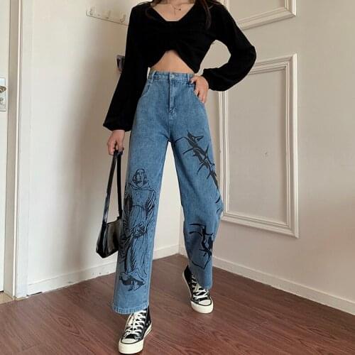 2021 New Womens Jeans Spring Fashion Trend Printing High Waist Straight Denim Pants Harajuku Boyfriend Baggy Y2K Denim Trouser