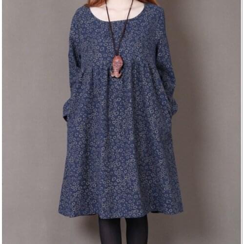 Uego 2021 New Fashion Women Autumn Spring Dress Print Floral Slim Waist Casual Dress Cotton Linen Plus Size Vintage Party Dress