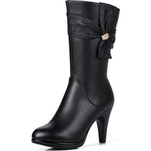 New Rhinestone Bow Genuine Leather Boots Fashion Warm Winter Boots Women Snow Boots Fine with High Heels Warm Plush / Wool Boots