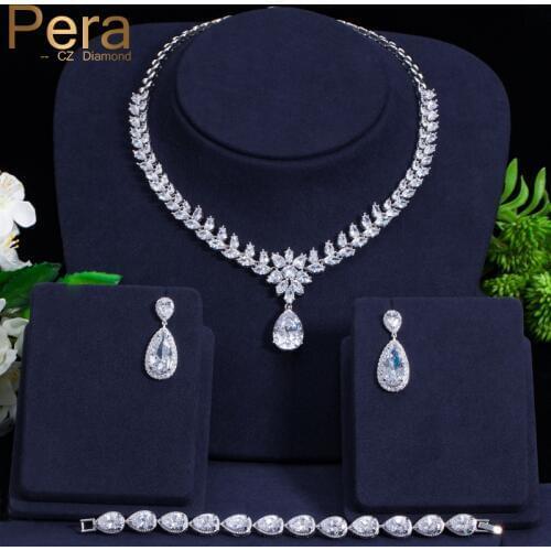 Pera Glittering Big Flower Cubic Zirconia Long Water Drop Necklace Earrings And Bracelet Set For Women Wedding Jewelry Gift J249