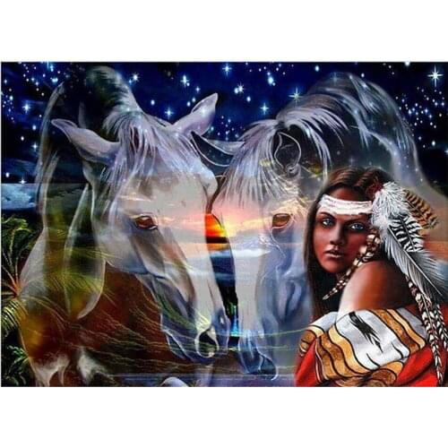 Full Square Diamond embroidery Cross stitch Feathers Round Diamond mosaic Indian woman fantasy DIY Diamond painting horse