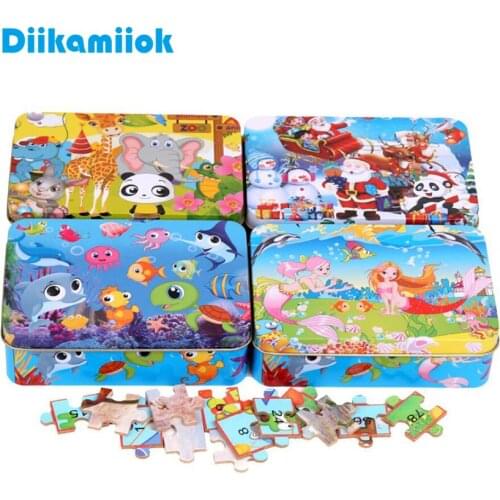 Sale 100 Piece Cartoon Iron Box Wooden Jigsaw Puzzle Toys Baby Early Educational Enlightenment Intelligence Puzzles for Kids
