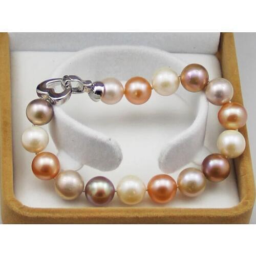 Wedding Woman Gift 7.4inch 10x12mm Colorful Natural Freshwater Pearl Bracelet Handmade Heart Clasp Woman Jewelry