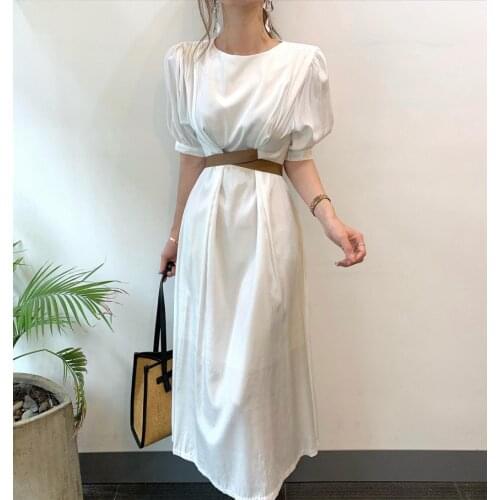 Korea Short Sleeve Woman Dress One-Piece Round Neck Chic Cross Slim Office Ladies Vestidos Vintage A-Line Designer Midi Dresses
