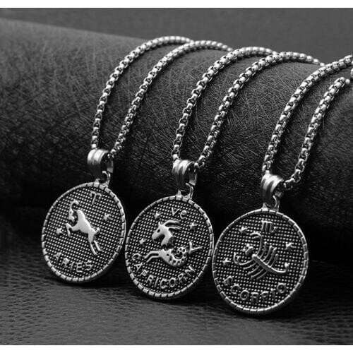 Vintage Harajuku Twelve Horoscope Coin Necklace Silver Color Stainless Steel 12 Constellations Chain for Best Friends Women Gift