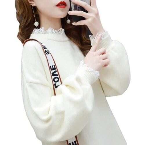 Yellow White Knitted Sweater Pullover Women Loose Student Jumper Ladies Korean Fake Two O-Neck Long Sleeve Knitting Tops Female