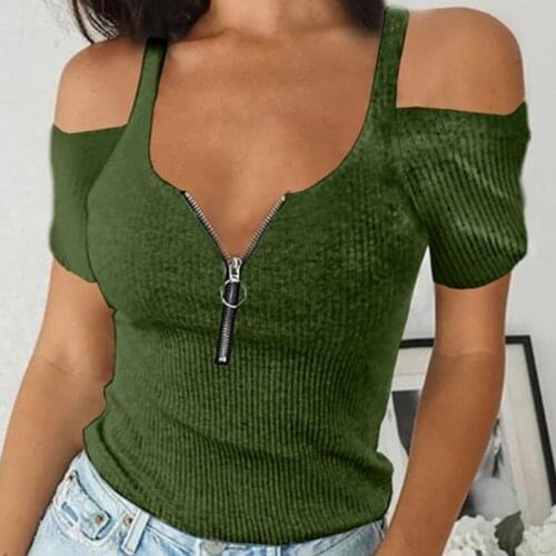 2021 Womens T-shirt V-neck Zipper Casual Loose Short Sleeve Solid Color Ladies Shirt Fashion Female Summer Tops