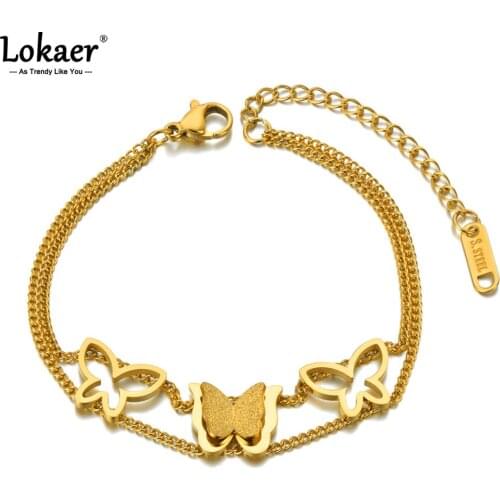Lokaer Trendy Double Layer Stainless Steel 3Pcs Butterfly Charm Bracelets For Women Bohemia Party Chain & Link Jewelry B21061