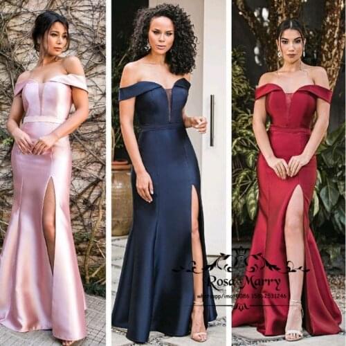 Navy Blue Mermaid Women Evening Dresses Off Shoulder High Split Cheap Simple Satin Vestido De Fiesta Formal Prom Party Gowns