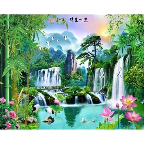 Beibehang 3d wallpaper nature painting bamboo lotus welcoming pine scenery landscape water TV background wall mural 3d wallpaper