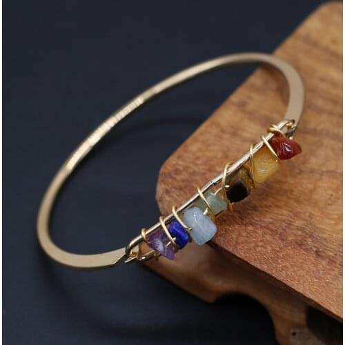 Natural Stone Amethysts 7 Chakras Energy Bangles Gold plated Metal Bracelet Jewelry for Women Lady Wedding Party Gifts