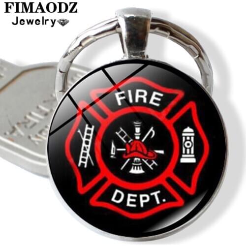 FIMAODZ Firefighter Keychain 25mm Glass Cabochon Fire Fighter Print Alloy Keyring Key Holder