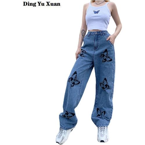 Woman Summer Elegant Mom Jeans Pants High Waist Butterfly Print Loose Jean Boyfriend Casual Straight Leg Blue Denim Jeans Pants