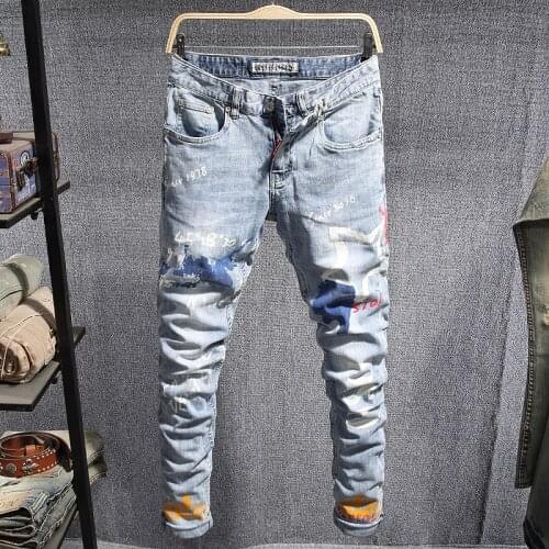 European American Street Fashion Men Jeans Retro Light Blue Slim Fit Printed Jeans Men Casual Designer Hip Hop Denim Punk Pants