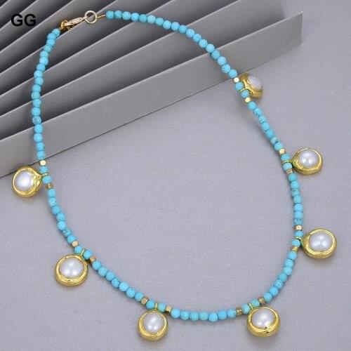 GuaiGuai Jewelry Natural 4mm Faceted Round Blue Turquoises Necklace Cultured White Pearl Charm 17" Vintage For Women