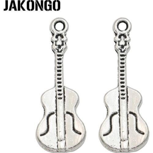 JAKONGO Tibetan Silver Plated Music Guitar Charms Pendant for Jewelry Making Bracelet Accessories DIY 27x10mm 25PCS/lot