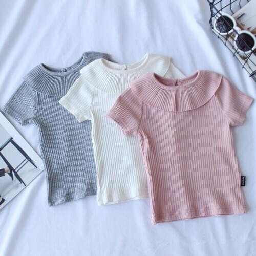2019 Summer Knitted Shirt Baby Girls T-shirt Pink Gray White Kids Princess Tees Childrens Ruffles Blouse Shirt Garcon Clothes