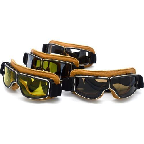 Motorcycle Helmet Goggles Pilot Retro Vintage Leather Yellow Sunglasses for Harley Cruiser Chopper Cafe Racer