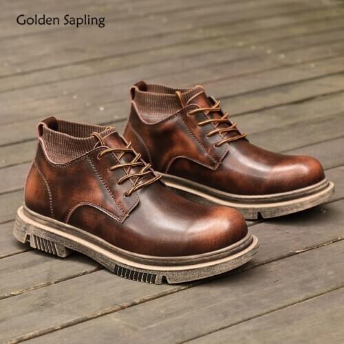 Golden Sapling Vintage Mens Boots Fashion Leisure Formal Shoes Genuine Leather Motorcycle Western Outdoor Boot Men Casual Shoe