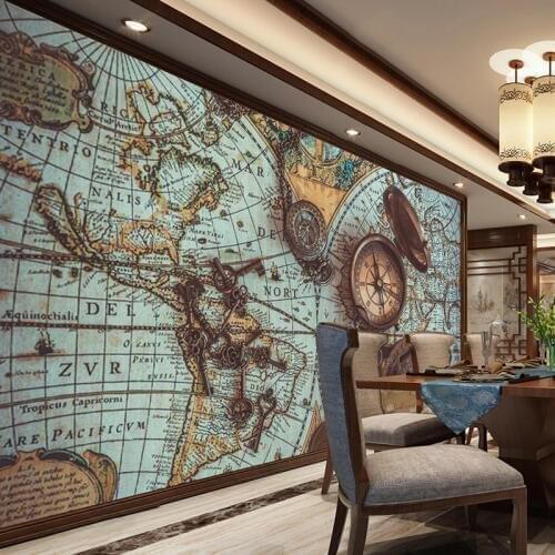 Custom 3D Wall Mural Retro Nostalgic World Map Pocket Watch Photo Wallpaper Cafe Bedroom Study Room Wall Art Home Decor Painting