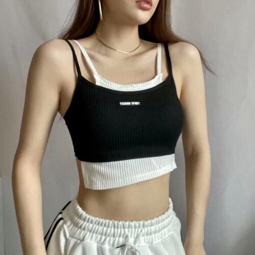 2021 New Fake Two Piece Black Cotton Cropped Tops Women Fashion Street Casual Sleeveless Summer Crop Tank Top Tee Shirt Femme