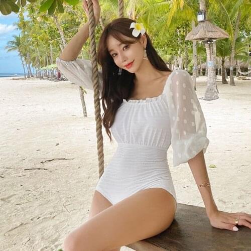 New Short Puff Sleeve Monokini Women One Piece Swimsuit Solid Low Cut Open Back Korean Style Bathing Suit Summer Beachwear