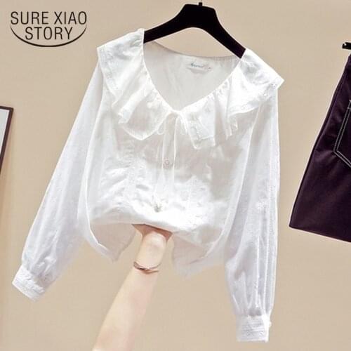 Autumn Long Sleeve White Shirt Women 2021 Puff Sleeve Ruffles Vintage Womens Blouses Doll Collar Cardigan Womens Blouse 11229