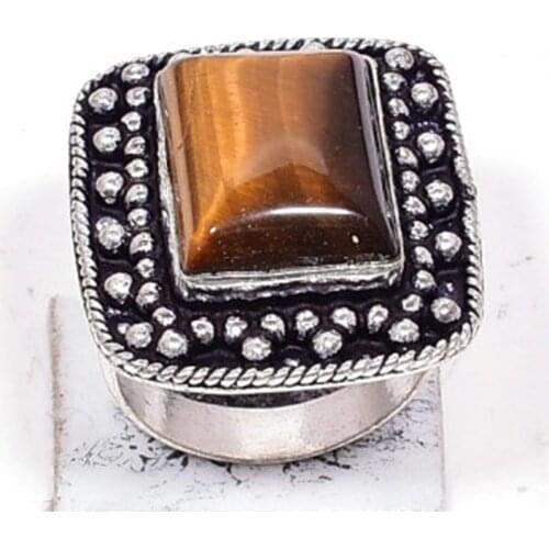 Genuine Tiger Eye Ring Silver Overlay over Copper, Hand Made Women Jewelry gift, USA Size 7.5 , R6988