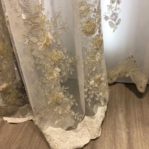 European high-end luxury window screen embossed rope embroidery flower tulle curtain for living room bedroom beige sheer panel#4