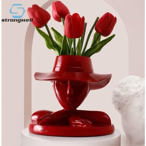 Strongwell Nordic Abstract Hat Girl Character Sculpture Flower Vase Storage Resin Crafts Modern Minimalist Home Decoration