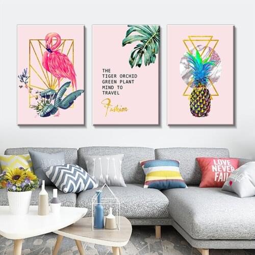 Modern Simple Flamingo Canvas Painting, Gold Foil Geometric Line Poster, Pineapple Plant Leaf Mural, Waterproof Printing 60X80cm