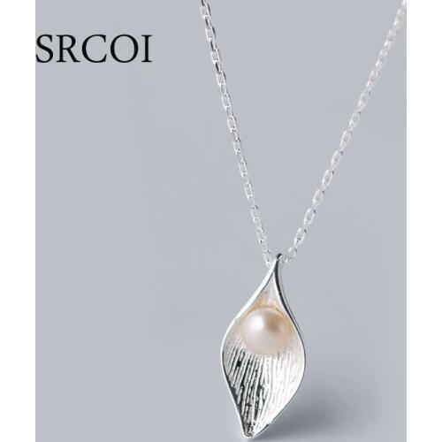 SRCOI Calla Lily 925 Sterling Silver Necklace With Freshwater Pearls Collier Femme Necklaces Pendants Mother Daughter Necklace