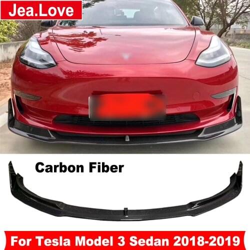 V Type Real Carbon Fiber Front Lip Bumper Shovel Diffuser Decoration Car Tuning Protector Chin For Tesla Model 3 Sedan 2018-2019