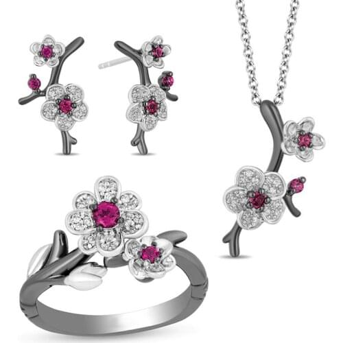 Vintage Female White Crystal Jewelry Set Charm Silver Color Wedding Stud Earrings For Women Cute Plum Flower Chain Necklace Ring
