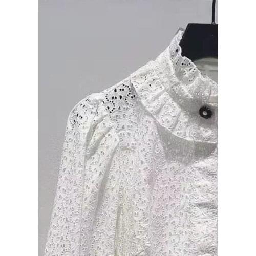 Womens Ruffled Blouse Embroidery Hollow Out Stand Collar 2021 New Early Autumn Lady Lantern Sleeve Shirt with Single Button