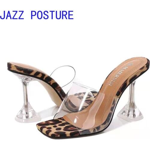 New features in 2021 Womens shoes Sexy leopard print slippers Crystal heel sandals Color silver Large size 40 41 42 43 w104