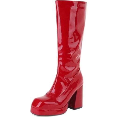 Fashion Womens High Boots Platform Patent Leather Knee High Boots Women Thick Heels Autumn Winter Red White Party Long Shoes