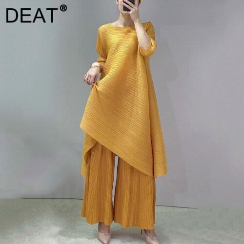 DEAT Woman Pleated Midi Dress Asymmetry Hem Green Round Collar Seven Sleeve Loose Casual Style 2021 New Summer Fashion 15JK462